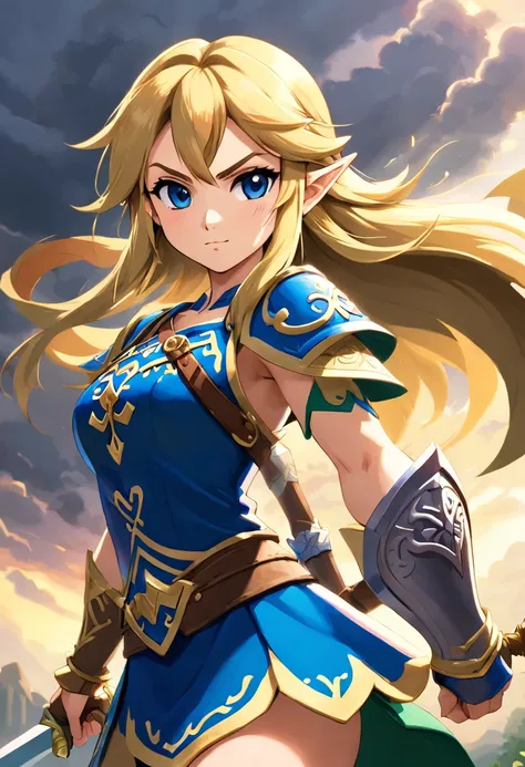 "(Best quality,A high resolution,Photorealistic:1.37),Ultra-detailed,Zelda Comics,woman,warrior,Full armor,Raise your shield to fend off an attack,Beautiful detailed eyes,Detailed lips,Strong and confident posture,Strong and muscular legs,Fierce expression...