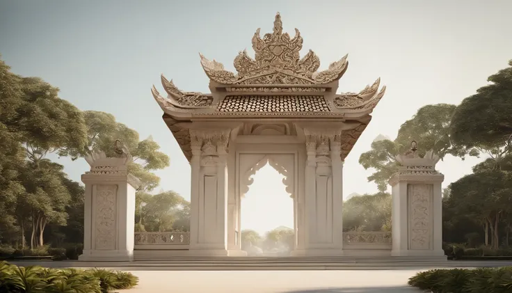 3D white pop-out carving of a celestial javanese gates, surrounded by a forrest with flying birds and trees carvings, no object on the center, on the left side there is a torch pole, on the left side there is also a torch pole, rounded rectangle name plate...