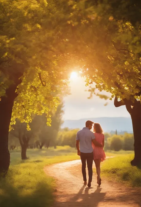 (best quality,highres:1.2),vibrant colors,romantic mood,outdoor,love,playful,adult couple,running,happy,fruit trees,blossoms,greenery,sunshine,gentle breeze,peaceful atmosphere,nature,warm day,joyful,affectionate,happiness