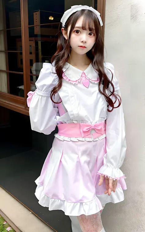 Alafe girl in white shirt and pink skirt poses for photo, Lolita style, Lolita Fashion, cute kawaii girl, Kawaii Style, frilled blooming collar, sakimichan, creepy kawaii, komono, maid clothes, very beautiful cute catgirl, fantasy outfit, Cute style of Jap...