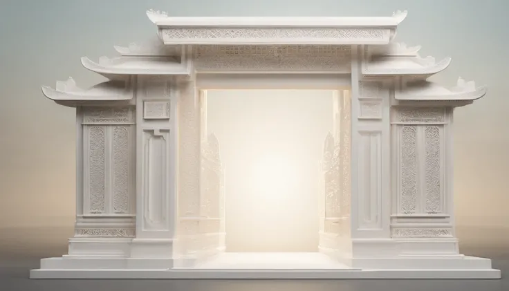 3D white pop-out carving of a javanese gates, open gates, no object on the center, on the left side there is a torch pole, on the left side there is also a torch pole, rounded rectangle name plate, blank name plate, relief surround name plate, meticulously...