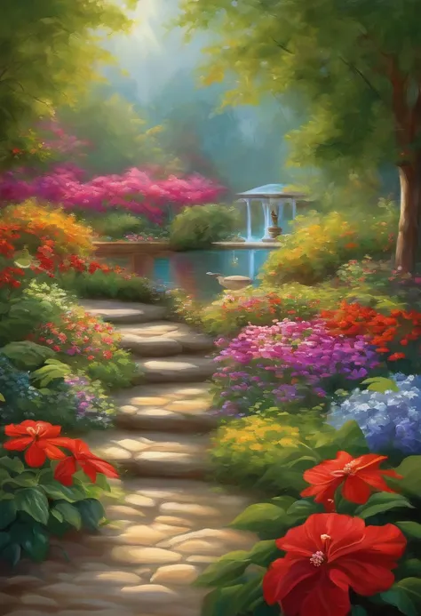 beautiful garden, vibrant flowers, lush greenery, serene atmosphere, colorful butterflies, gentle breeze, sunlight streaming through leaves, peaceful ambience, harmonious nature, intricate details, vivid colors, masterful brushstrokes, oil painting medium,...