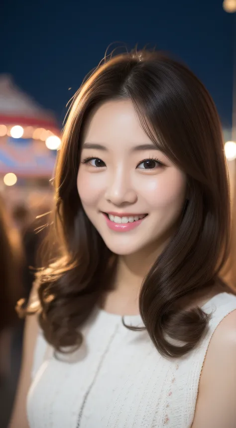 Made my girlfriend, a Korean girl, About 25 years old, Bust size 34 inches, Fair and beautiful, idoly, curlies, Smile, In the amusement park, Night, Close-up portrait, 8K