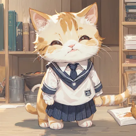 Cute cat, standing, cute, wearing school uniform, namecat style