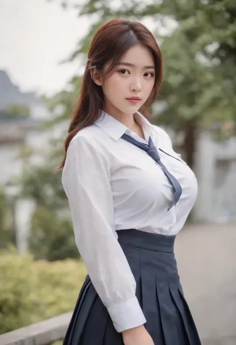 (Best quality,8K,RAW photo,realistic,high resolution:1.2),(Pretty Japanese girl),(Huge breasts:1.25),(voluptuous),(school uniform,pleated skirt,white shirt,show )