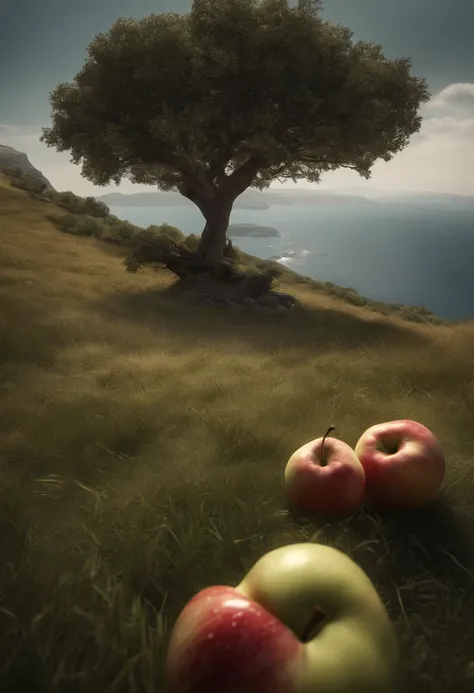 (best quality,8k,4k,highres,masterpiece:1.2),ultra-detailed,(realistic,photorealistic,photo-realistic:1.37),landscape,sea,grass,hills,animals,big tree with apples