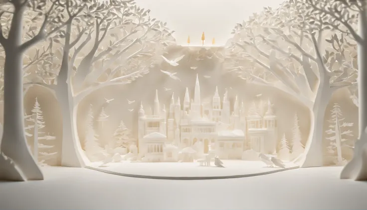 3D white pop-out wall carving of a city forrest with flying birds and trees, no object on the center, on the left side there is a torch pole, on the left side there is also a torch pole, meticulously carved, white ivory carving, minimalistic, white spaces,...