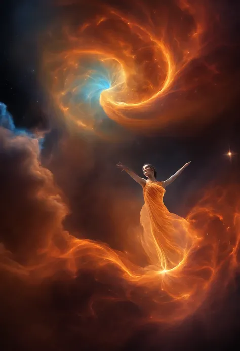 inconceivable and spectacular a scene of emergence of a figure from the glowing cloud, fractal nebula threads, cosmic entities, celestial, cosmic, vibrant and vivid, swirls, twirling, unrealistic, high contrast, symobolism, magical, mystical, mystifying, h...