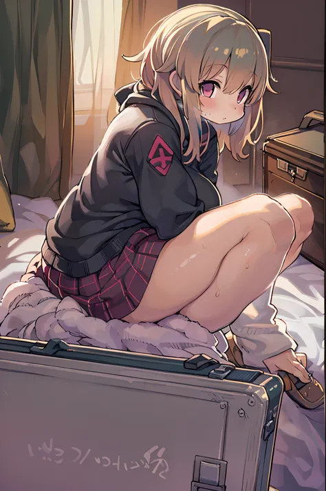 Anime girl sitting on bed on suitcase background, the anime girl is crouching, Female protagonist 👀 :8, beautiful anime girl squatting, from girls frontline, Seductive anime dick girl, a female anime character, Anime. Soft lighting, 4k anime wallpaper, guw...