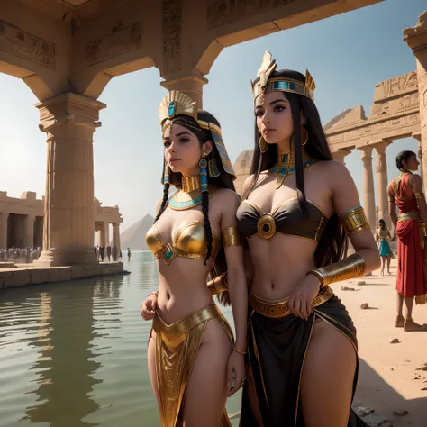 Two costumed women next to a body of water, Alena Aenami e Artgerm, egyptian clothes, Alena Aenami e Lilia Alvarado, cinematic goddess shot, android girl in egyptian ruins, egyptian clothes, egyptian style, beautiful cleopatra, inspired by the Brothers Hil...