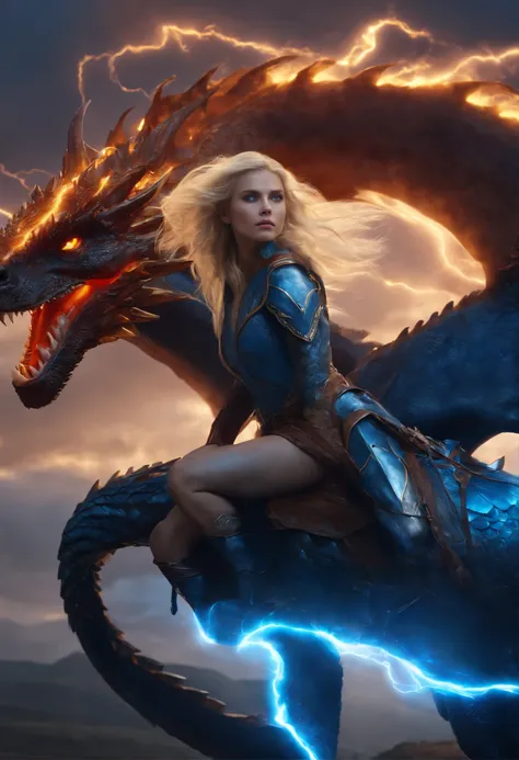 8k, a girl with beautiful blonde hair, blue eyes, riding on the back of a cool dragon, with lightning bolts