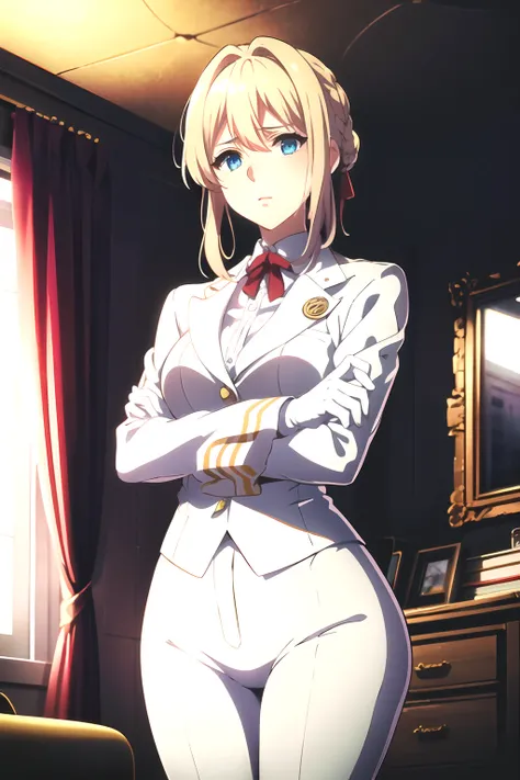 (best quality,4k,8k,highres,masterpiece:1.2) violet evergarden, brooch, hair intakes, braid, blonde, plain white tuxedo  ,white pants, white gloves, 1girl, solo, blue eyes, bedroom, medium breasts, braid, bedroom, white dress, red ribbon,crossed arms