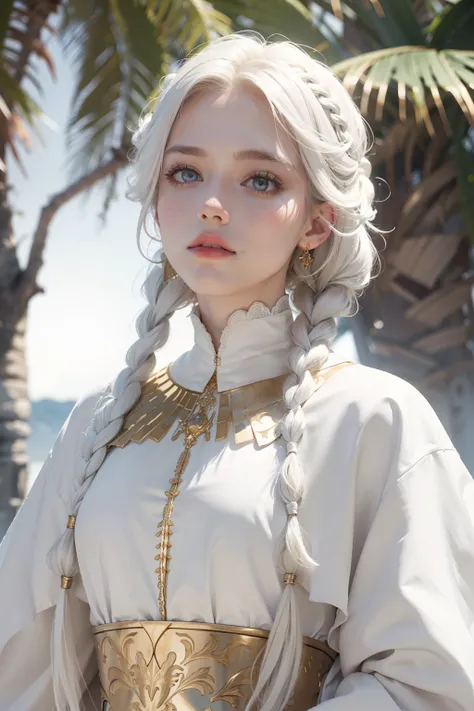 best quality, masterpiece,white hair, gold eyes,white clothes, looking up, upper body,hair strand,Fair skin,side braids