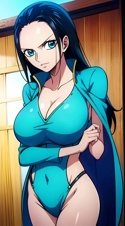 Nico Robin One Piece, 8k, Perfect quality eyes blue eyes Nico Robin, 1girl, aqua eyes, Black hair,  huge breasts