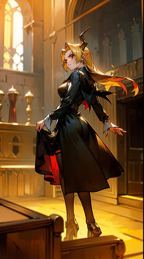 1woman,40s,solo,angry face,golden and black short dress,black skirt,medium tits,black hair,long hair,red eyes,elves ears,golden horns,pantyhose,cape,(((standing in front of a room inside a castle)))