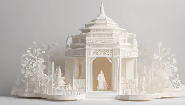 3D white pop-out ccarving, no object on the center, blank white space on the center, on the left side there is a torch pole, on the left side there is also a torch pole, meticulously carved, white ivory carving, minimalistic, white spaces, pastel, javanese...