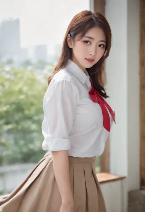 (Best quality,8K,RAW photo,realistic,high resolution:1.2),(Pretty Japanese girl),(Huge breasts:1.25),(voluptuous),(school uniform,pleated skirt,white shirt),(enormous droopy breasts)