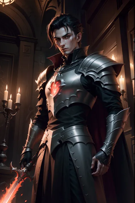 arafed image of a demonic Twenty year old male dracula short hair with a sword in a dark room, the dark lord sauron, lord of cinder, the dark lord, sauron, dark lord, evil knight, portrait of sauron, unreal engine fantasy art, epic fantasy digital art styl...