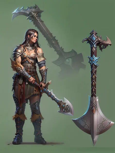 concept art, 1 fantasy barbarian huge axe, twisted, decorated, blade: blued steel, 1weapon