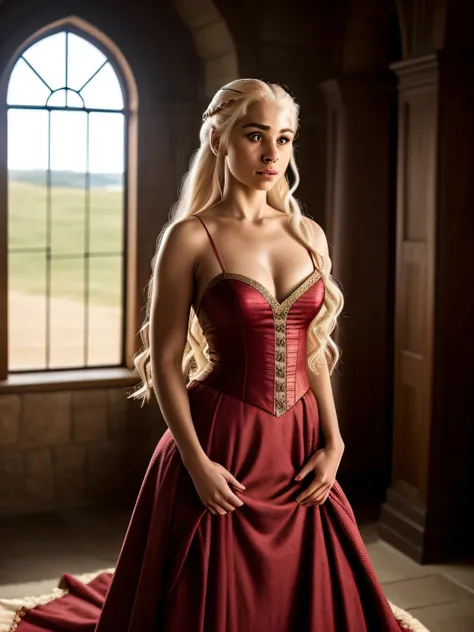 Vista completa retrato de uma saia daenerys targarien levantando e exibindo calcinha), (in intimate long historical dress, detalhado 8k realista