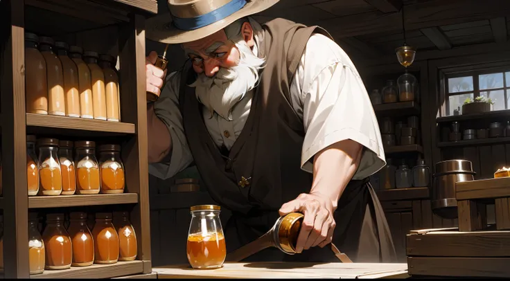 A dwarf，short，lbeard，With a hat，Skinny and small，Little old man，Holding a jar of honey，Dig the honey in with your hands and eat it，In the wooden house，There were plenty of honey jars in the wooden house，Western fantasy，Fairytales，Works of masters，A high re...