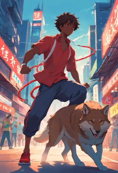 Black man with low haircut Social red cord of Capoeira with wolf characteristics