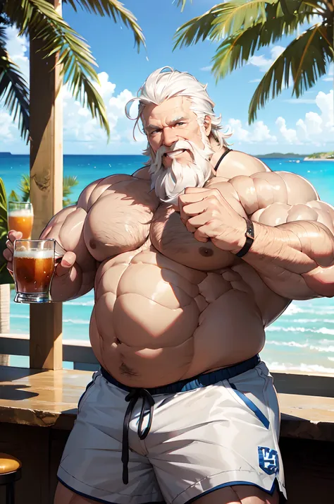 (a huge muscular old man standing in (bar) ,blue sky,smile,shorts,pectoral,bicep,detailed,detailed muscle,8k)[(best quality,4k,8k,highres,masterpiece:1.2),ultra-detailed,(realistic,photorealistic,photo-realistic:1.37),seaside,bar,joyful,vibrant colors,sunn...