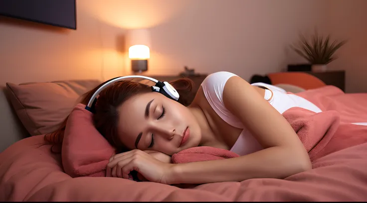 8k photo realistic hot girl sleeping in her bed listening headphones and insense burning in her room