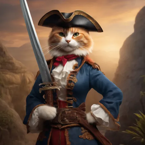 Female cat in pirate garb with sword in hand