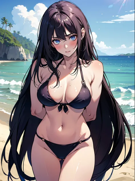 (((one girl))), dark blue eyes, long hair, A beautiful girl is on the beach, 25 years old, masterpiece, highest quality, High contrast, (((lose bikini))), big breasts, (high quality :1.5), black hair, (((happy)), blush, Tall body, (((shy, nervous))), matur...