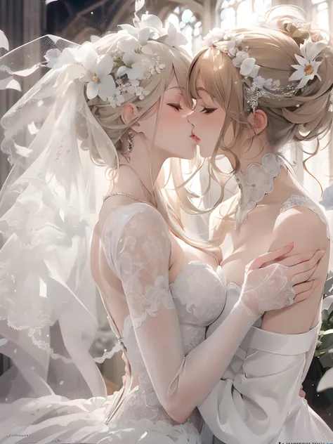 (masuter piece,Best Quality,Ultra-detailed),(absurderes),2girls,lilie,Women in wedding dresses and women in tuxedos, the kiss, bride, Pale kiss,It is pure,pure love,bride