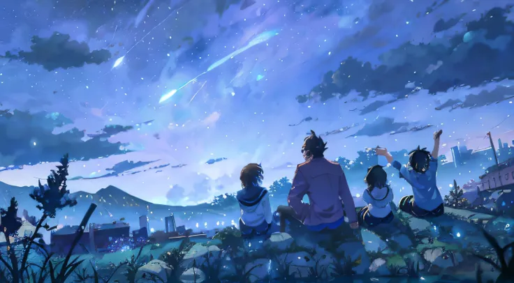 Anime scene of a family watching shooting stars, Makoto Shinkai Cyril Rolando, 4k manga wallpapers, 4K anime wallpaper, your name movie style, Anime art wallpaper 8 K, anime backgrounds, Anime art wallpaper 4 K, ( ( Makoto Shinkai ) ), Anime art wallpaper ...