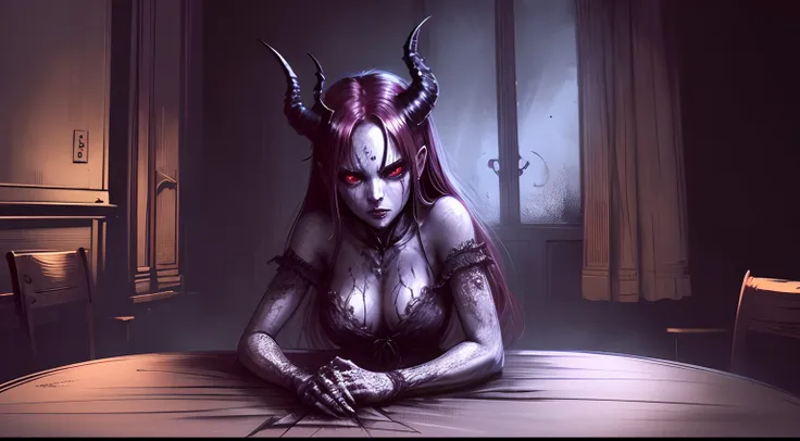 demoness, assise sur une table, torture, ange, highly quality, Sombre, Malade, psychopathe, sanglant,