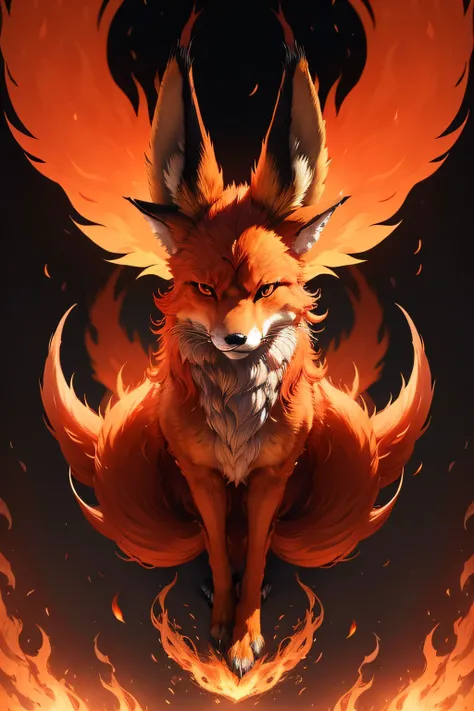 Nine tails，Shaped like a fox，It has antlers on its head，There are flames in the limbs，There are wings on the back，The eye、nase、The mouth、Straight ears and cheeks