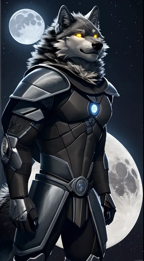 (best quality,highres,ultra-detailed),a wolf standing, a full moon in the background, wearing a cyborg armor,moonlight,metallic ...