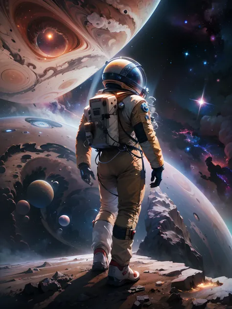 A man in a spacesuit explores Jupiter，Epic space exploration, A breathtaking vista of the universe, futuristic spacecraft, Interstellar Journey, Awe-inspiring celestial scenes, Distant star systems, ethereal nebulae, The magnificence of the universe, the m...