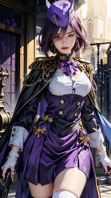 (photorealistic:1.4), best quality, masterpiece, ultra high res, 1girl, (detailed face:1.2), (detailed eyes:1.2), (detailed hair:1.2), (detailed clothes:1.2), 4k, (detailed color:1.2), perfect finger, (purple short hair:1.2, (light purple eyes:1.2), hat,