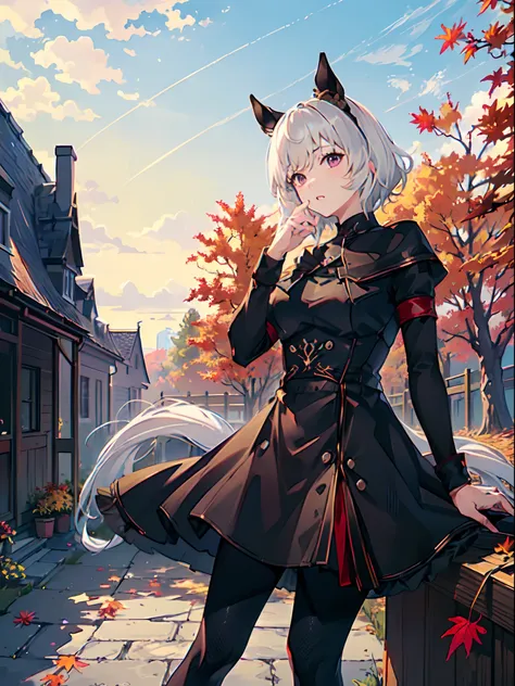 (masutepiece.top image quality:1.3)、1 girl in、white hair、short-cut、red eyes、horse-eared girl、white horse tail、black clothes、blac...