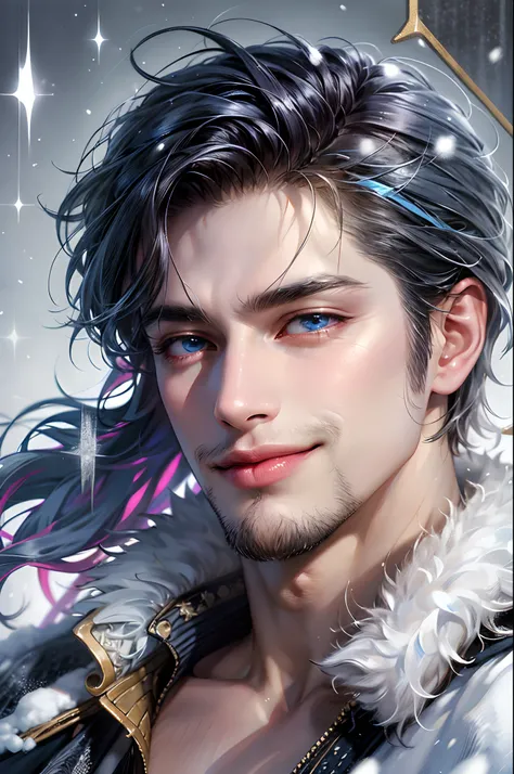 (absurdres, highres, ultra detailed), 1 male, mature, handsome, tall muscular guy, broad shoulders, intricate details, Fantasy, royal, slave, shaggy ash hair, hair falling into eyes, blue eyes, stoic, sly smile, angular features, shirtless, winter, snow, d...