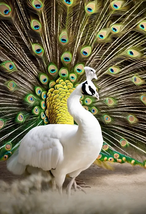 Best quality, Amazing artwork of beautiful white peacock, intricately details, (Best shadow), elegant, voluminetric lighting