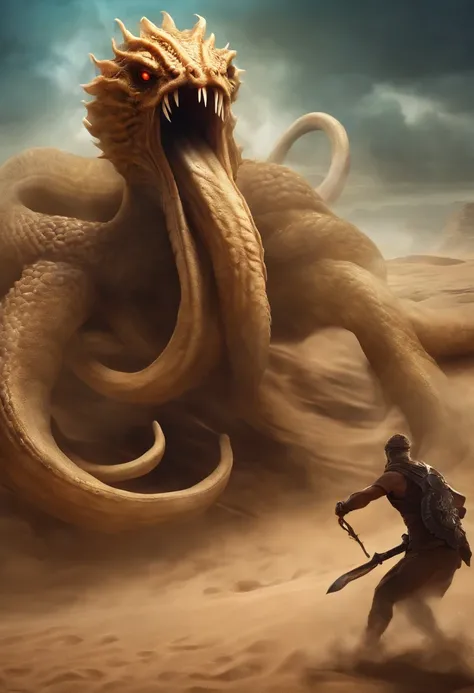 sand glass kraken attacking, Rpg art, rpg token, full body, terrifying creature, big monster, desert background, Fantastic digital art