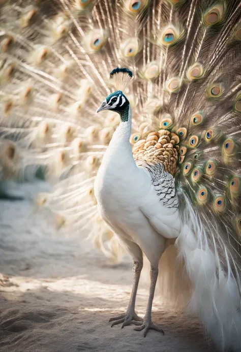 Best quality, Amazing artwork of beautiful white peacock, intricately details, (Best shadow), elegant, voluminetric lighting