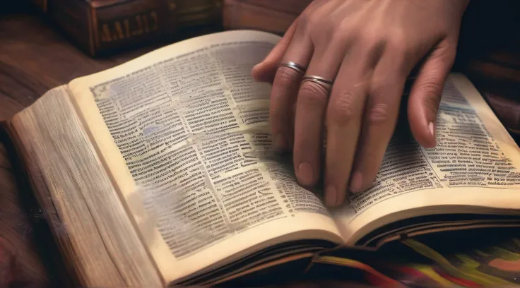 HAND ON TOP OF AN OPEN BIBLE, FOCUS ON HANDS