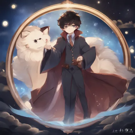 Visualize a sleepwalker in the enchanting world of anime illustration. This character, a male, is dressed in a mysterious coat, captured in a moment of somnambulism while reclining on a surreal floating disk. The art style? Chibi, of course. Now, lets brin...