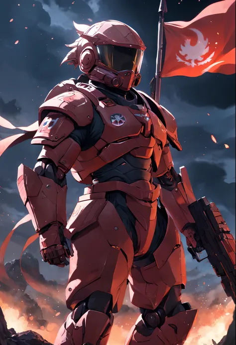 Halo Armor, standing in front of a flag with a flag, fluttering in the background, red armor, badass anime 8 k, Red Heavy Armor, wojtek fus, Red fur, Crimson Heavy Armor, ArtStations masterpiece, Sazabi, alexandre ferra mecha, High-tech red armor, Mecha co...