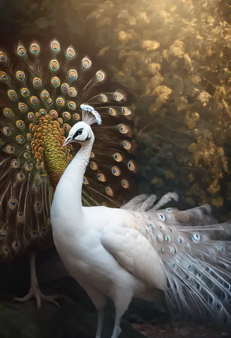 Best quality, Amazing artwork of beautiful white peacock, intricately details, (Best shadow), elegant, voluminetric lighting