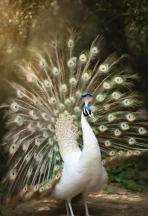 Best quality, Amazing artwork of beautiful white peacock, intricately details, (Best shadow), elegant, voluminetric lighting