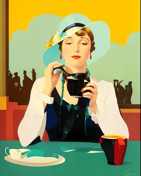 Painting of a woman drinking coffee and talking on her cell phone, inspirado em Coles Phillips, art deco portrait, Dicas de Coles Phillips, drinking tea, art deco illustration, inspirado em William McGregor Paxton, art deco painting, Uma pintura Art Deco, ...