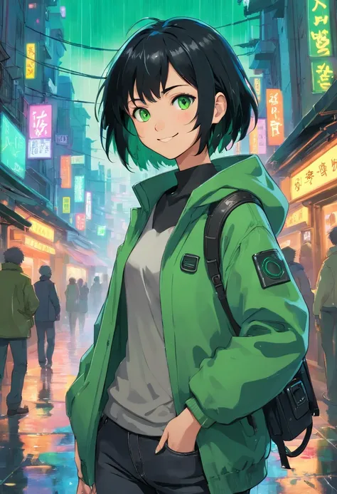 1girl in, (masutepiece), Black hair, Short hair, Green eyes, green coat, Black jeans, Smile, Cyberpunk City, Rain