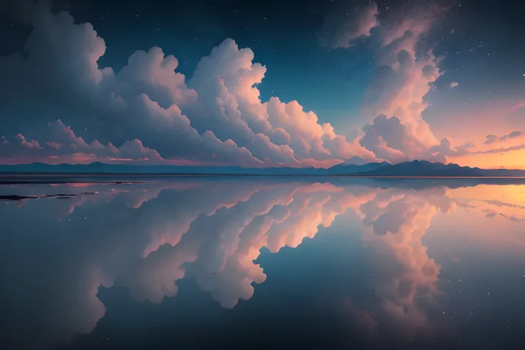 Create a breathtaking digital artwork of a salt lake with a stunningly beautiful sky. The scene should be devoid of any human presence, buildings, or vehicles, focusing solely on the infinite majesty of the sky. The artwork should be in the style of a Pixa...